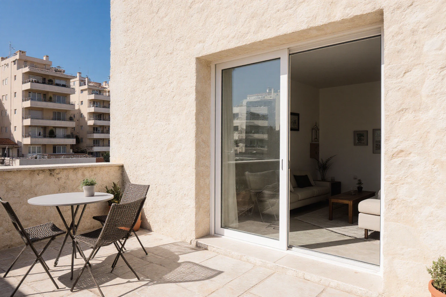 Private terrace adjoining a living room, with pale multi-storey residential buildings in the background