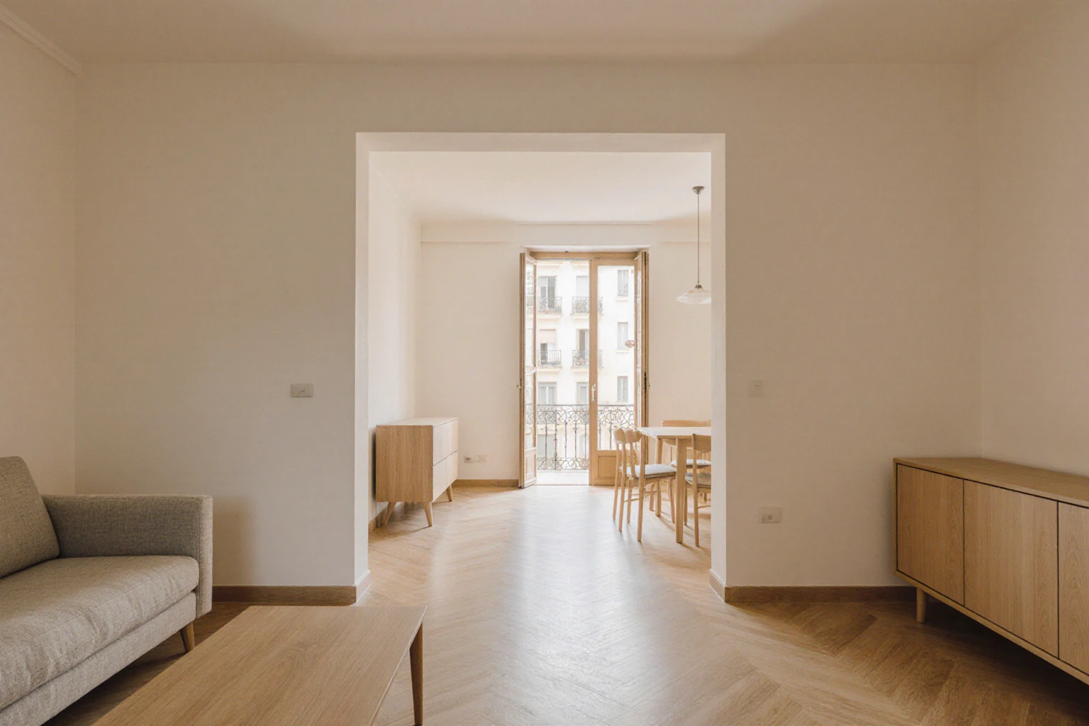 Connected living and dining rooms with parquet flooring and a balcony door facing neighbouring apartment buildings